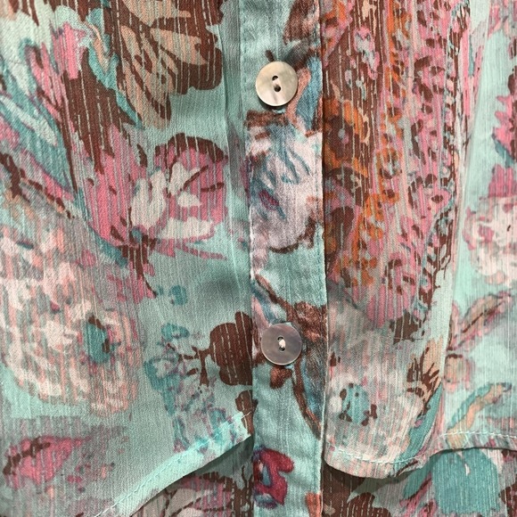 Figueroa & Flower Blouse Womens XL Teal Floral Sheer Button Front Paisley - Picture 7 of 11